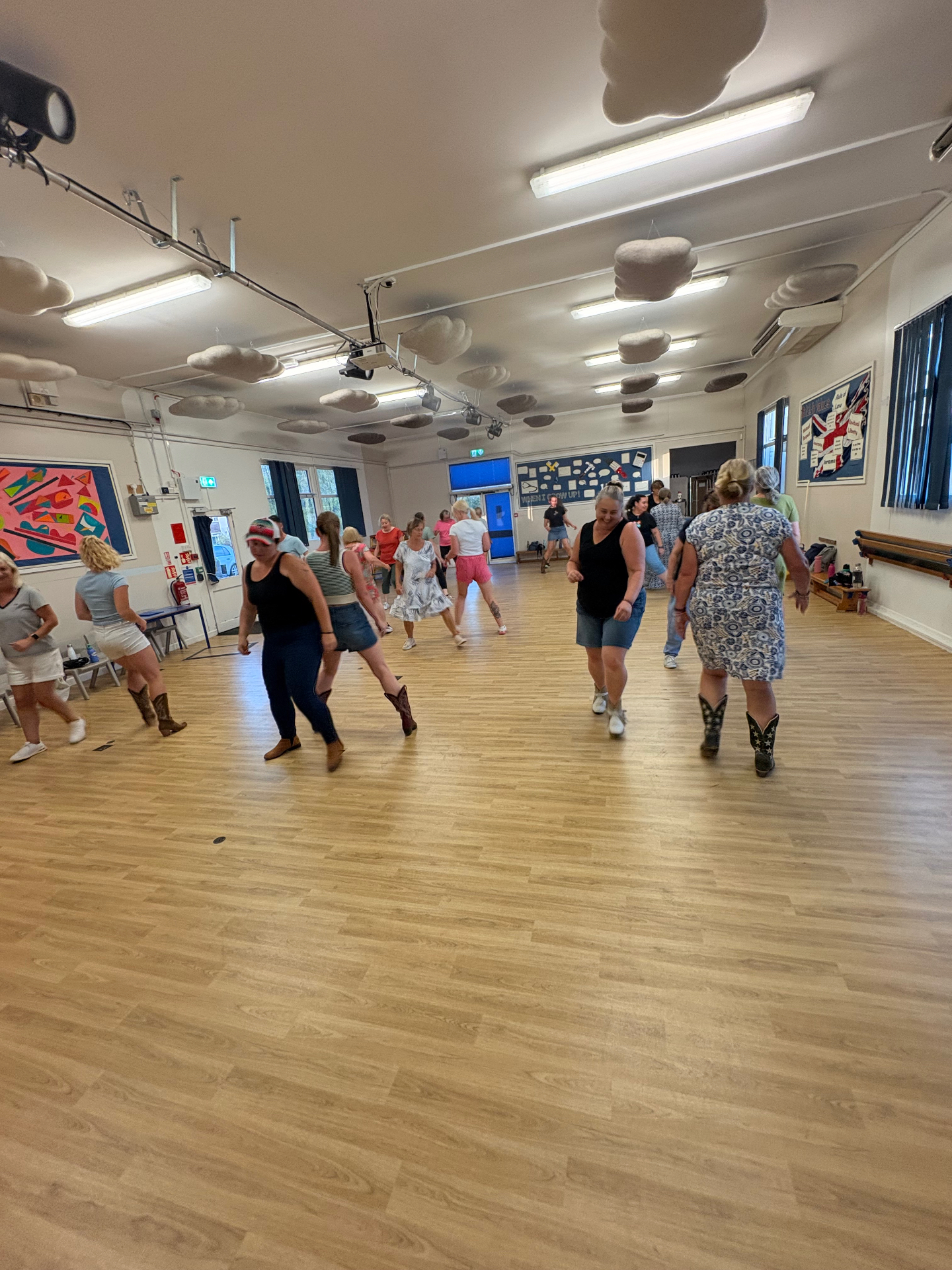 Line dance class in full flow at a village hall in Dorset
