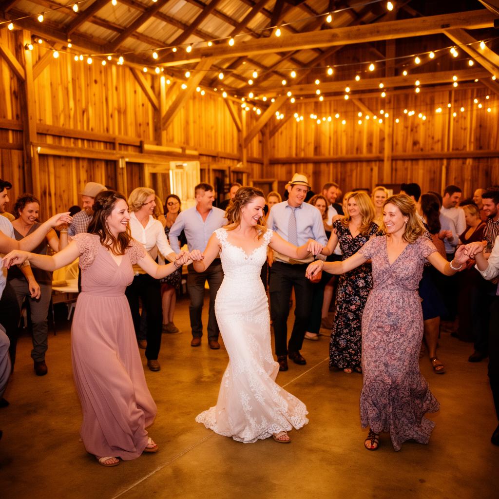 Wedding guests line dancing in a barn venue